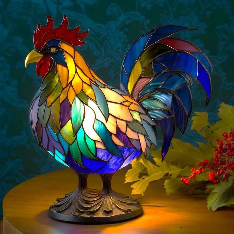 Lampu kaca patri hewan Ayam Jantan, kaca berwarna Resin, lampu malam Retro hadiah dekorasi rumah patung hewan lampu malam