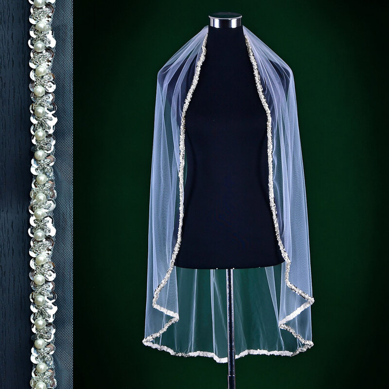 BL4016 Single layer minimalist headdress sewn bead chain edge headdress bridal veil