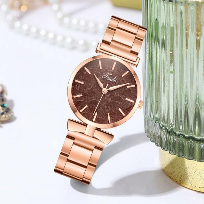 Reloj de movimiento de cuarzo de acero inoxidable para mujer, elegante reloj de cuarzo con esfera de patrón de hoja, reloj de alta precisión para el uso diario