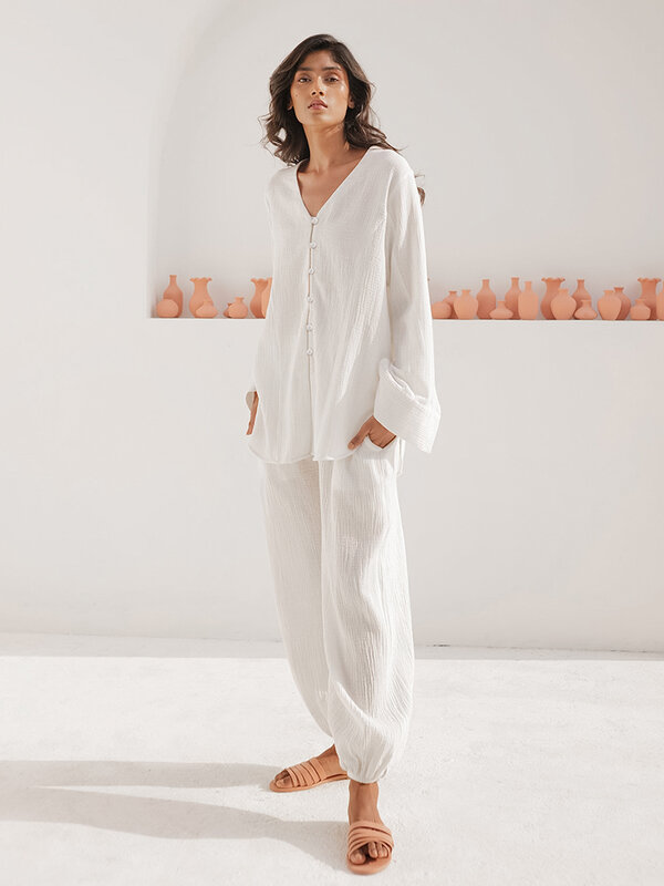 Hiloc-Pyjama à manches longues en coton blanc pour femme, ensemble pantalon taille haute, simple boutonnage, col en V, maison trempée, printemps