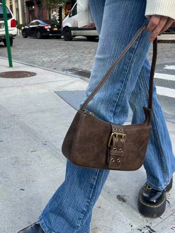 Casual Women Brown Buckle Bag Summer Fashion Ladies Vintage Bags Female Zipper-up Solid Color Shoulder Bags 2023