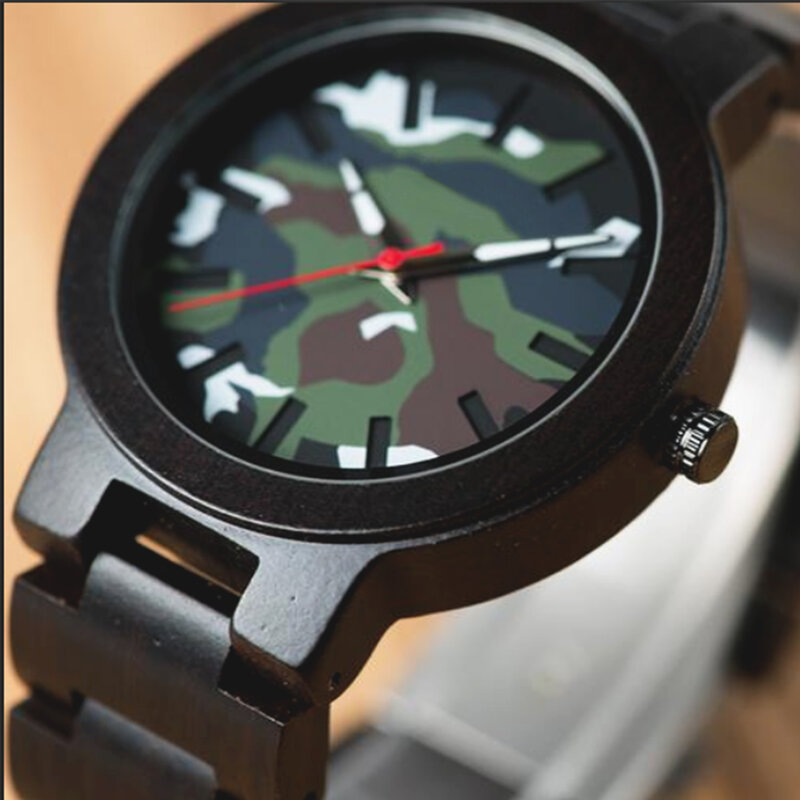 Jam tangan kuarsa multifungsi pria, arloji Display kayu kamuflase impor konograf tahan gores kaca hadiah