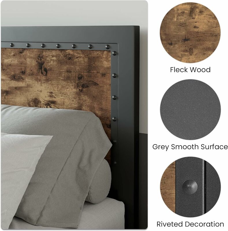 Grey Metal Bed Frame Full Industrial Wooden Platform Bed with Rivet Headboard No Box Spring Needed