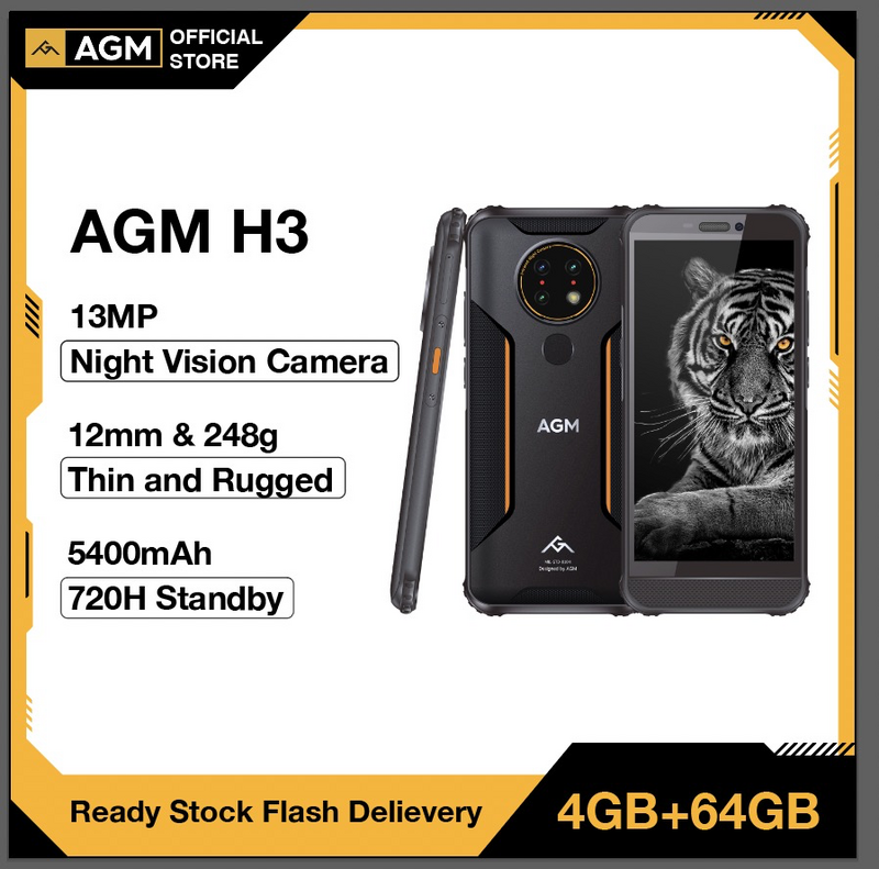 AGM H3 방수 견고한 나이트 비전, IP68, IP69K, 5.7 인치, 5400mAh, 안드로이드 11 NFC