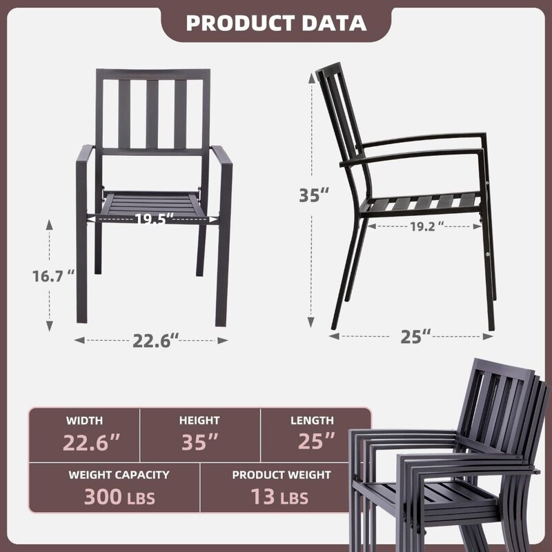Set kursi taman halaman belakang kursi logam luar ruangan dengan sandaran tangan dukungan 325 pound, Set dari 2, standar, garis hitam