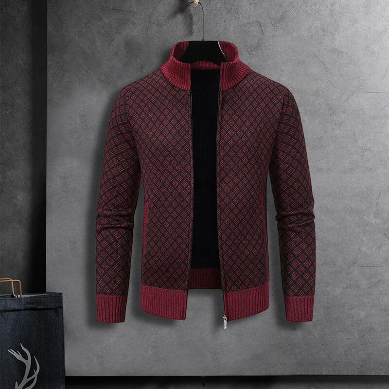 Men Fall Winter Cardigan Sweater Knitted Stand Collar Neck Protection Color Matching Zipper Closure Long Sleeve Men Coat Jacket