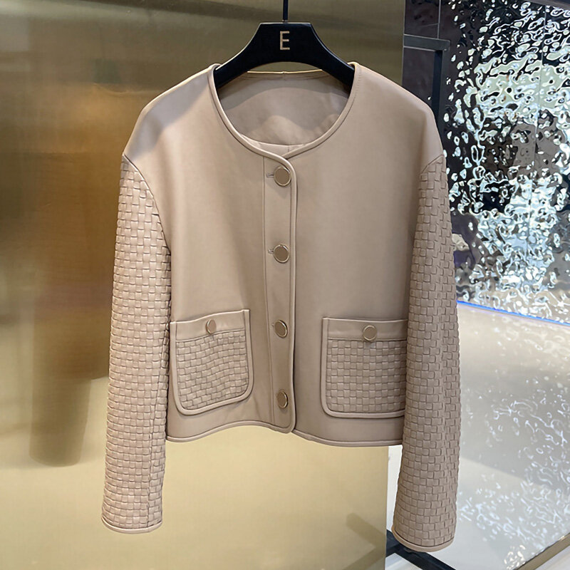 Jaket Kulit Wanita 2022 Mantel Pendek Solid Berkancing Sebaris Lengan Tenun Kulit Domba Asli Baru Leher Bulat Streetwear AEL4937