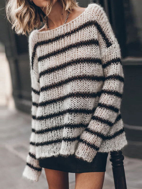 Suéter feminino listrado oco, manga comprida, pulôveres sem encosto, malha solta, outono, inverno