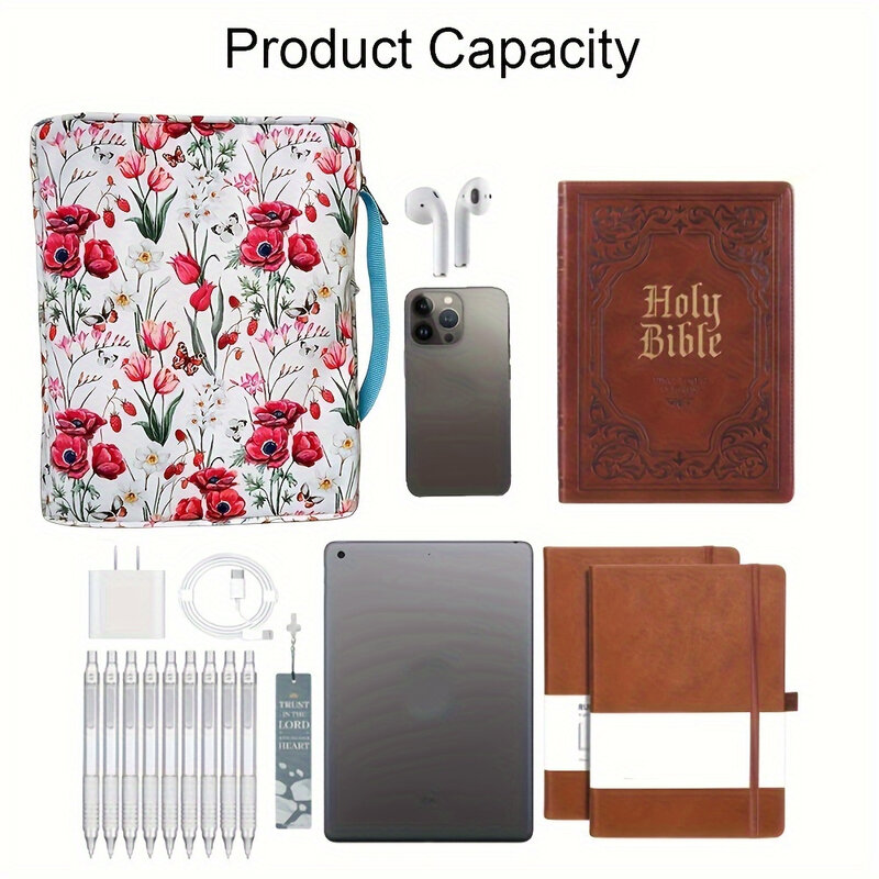 Bible Cover Case Floral Bible Cover Bag for Women, Stylish Functional Portable Bible Carrying Case Pockets Zipper Study