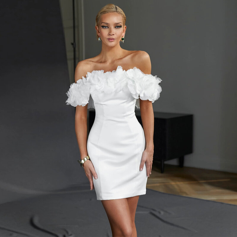Wykwintna Mini suknia ślubna z kwiatami 3D z ramienia dżerseju krótki ślubny suknia dla kobiet 2023 wykonana na zamówienie
