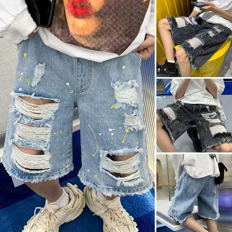 2024 Hip Hop Ripped Denim Shorts Streetwear Men Vintage Destroyed Hole Baggy Jeans Pants Fashion Summer Loose Shorts Black