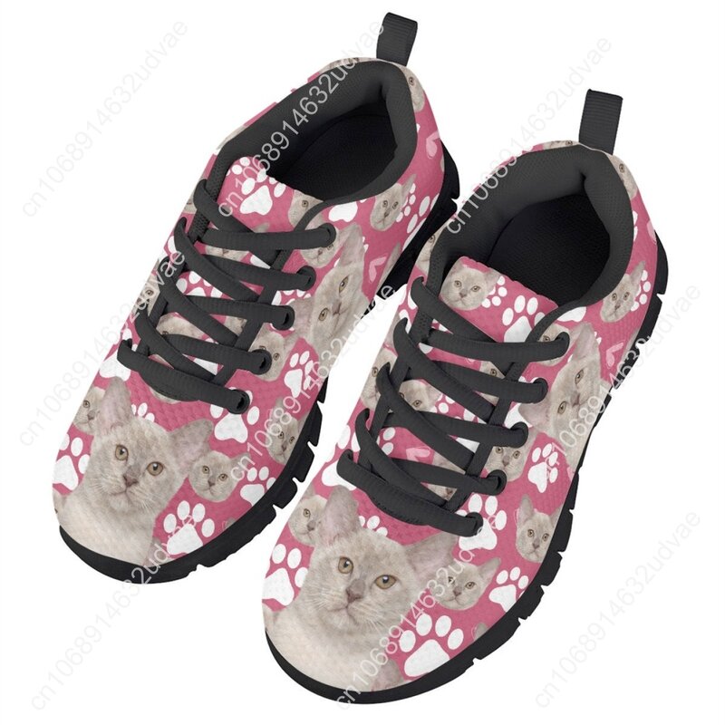 Adoráveis gatos rosa 3D imprimem sapatos baixos para crianças, Comfort Lace Up Mesh Sneakers, Dog Footprint Design, Kids Walk Shoes, presente