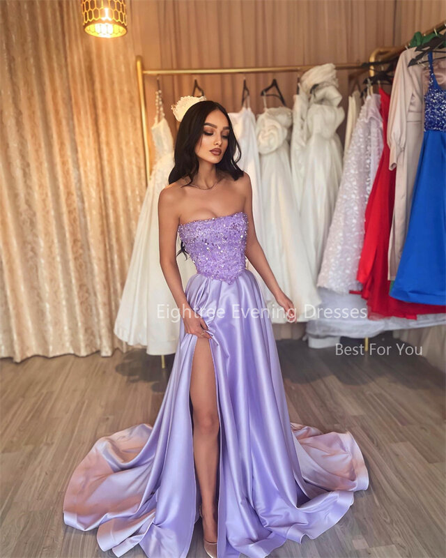 Eightree Shiny Strapless Evening Dresses Silk Purple Prom Dress Glitter Sequined Party Dress Sexy Side Split Prom Gowns vestidos