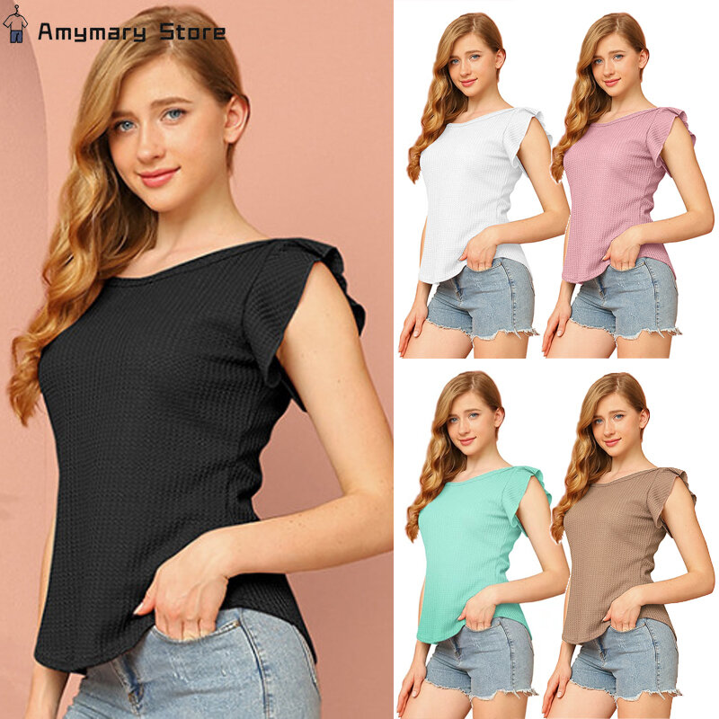New Summer Women's Short-sleeved T-shirt Fashion Solid Color Sweet and Fresh Lotus Leaf Sleeve Casual Pullover Tops Street Wear