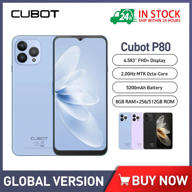 Cubot-P80 Smartphone versão global, telefone móvel 4G, andróide 13, 8GB de RAM, 512GB ROM, 6.583 Polegada FHD + Octa-Core, 48MP + 24MP, 5200mAh, NFC