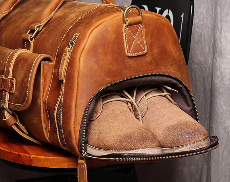กระเป๋าดัฟเฟิลกระเป๋าเดินทางหนังเครซีฮอร์สมีช่องใส่รองเท้าความจุขนาดใหญ่ของวีคเอนเดอร์บุรุษธุรกิจ20"