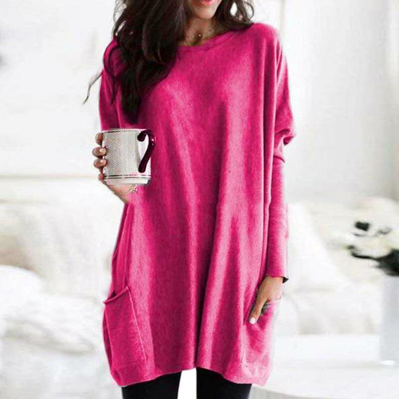 Pullover Women Round Neck Long Sleeve Loose Tops Solid Color Pocketed Tunic Top Casual Oversized Pullovers Basic Jumpers