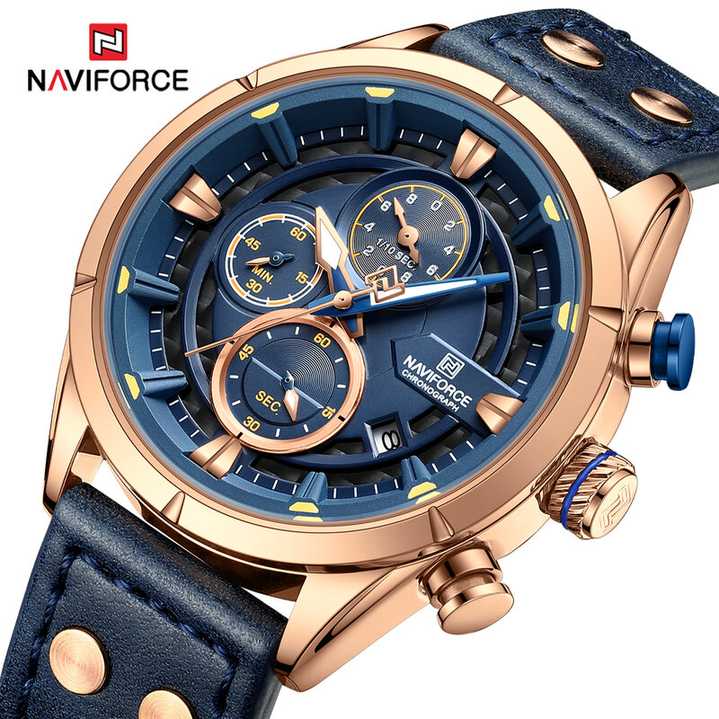 NAVIFORCE-Relógio quartzo de couro impermeável masculino, cronógrafo luminoso, relógio de pulso luxo, relógio casual de alta qualidade