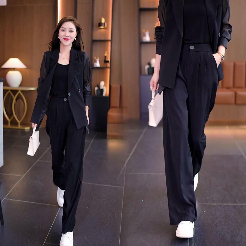 Set of Women's 2024 Spring/Summer New Fashionable Style Suit Chiffon Shirt Casual Wide Leg Pants Two Piece Set