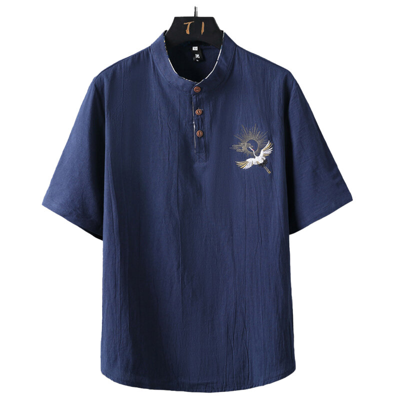 Рубашка мужская повседневная с коротким рукавом, свободная блузка в китайском стиле кунг-фу, круглый вырез, короткий рукав, однотонная