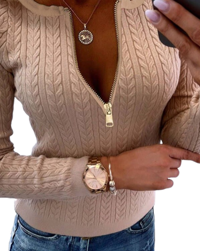 Sweater kantor wanita, Sweater rajut kabel desain ritsleting leher bulat warna polos sehari-hari kasual baru musim dingin 2023