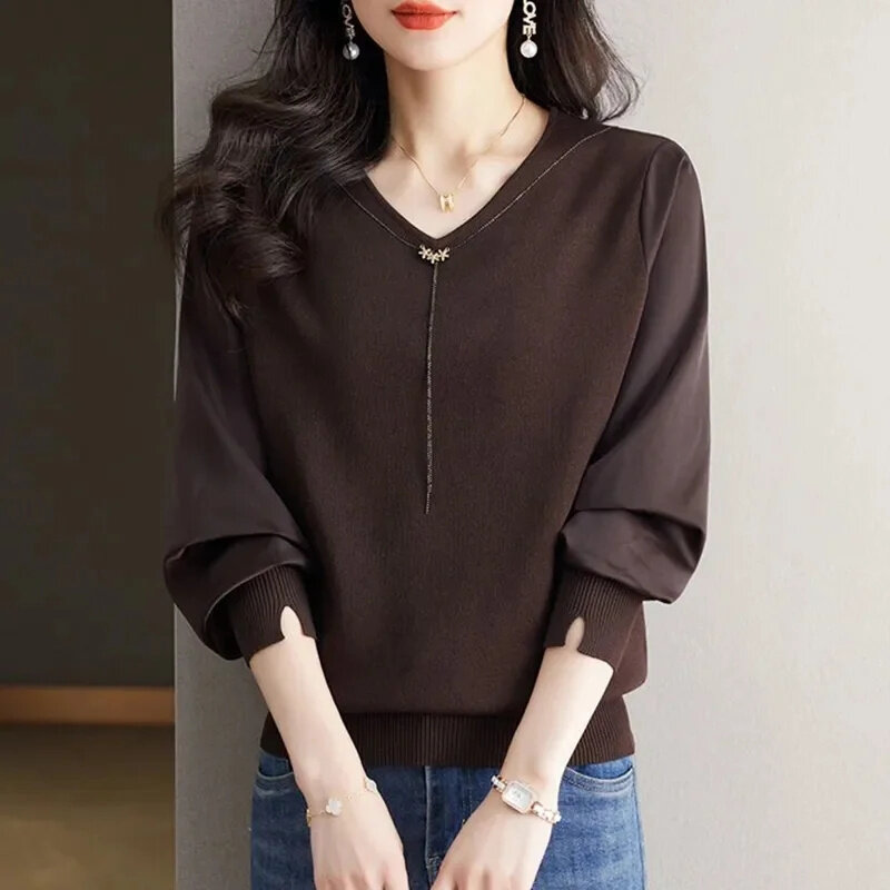 Nowa moda Pullover V-Neck Ice Silk Sweater Women Spring Autumn Loose Bright Silk Stitching Thin Knitting Ladies Primer Shirt