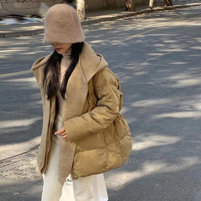 여성용 탈착식 니트 후드 페이크 투피스 다운 코트, 한국 루즈핏 따뜻한 패딩 다운 재킷, 겨울 2023 신상