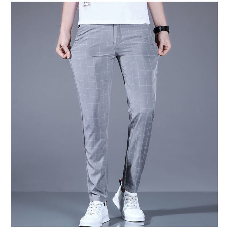 Pantalones informales a cuadros de estilo fino para hombre, calzas de hielo de fuerza elástica, cilindro recto, combina con todo, verano