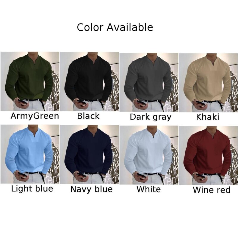Men Autumn V Neck Long Sleeve Dress Shirts Slim Collar Office Blouse Tops Tee Business Casual Elastic Solid Pure Cotton T-shirts