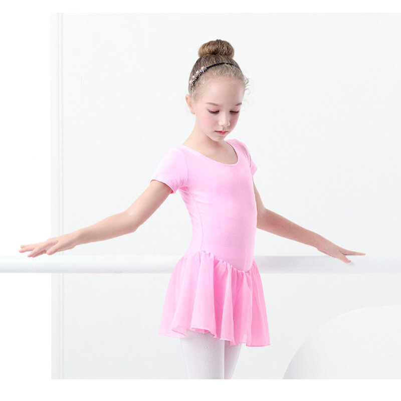 Vestido de Ballet para niñas, leotardos de gimnasia, manga corta, gasa, falda, Bowknot, ropa de baile
