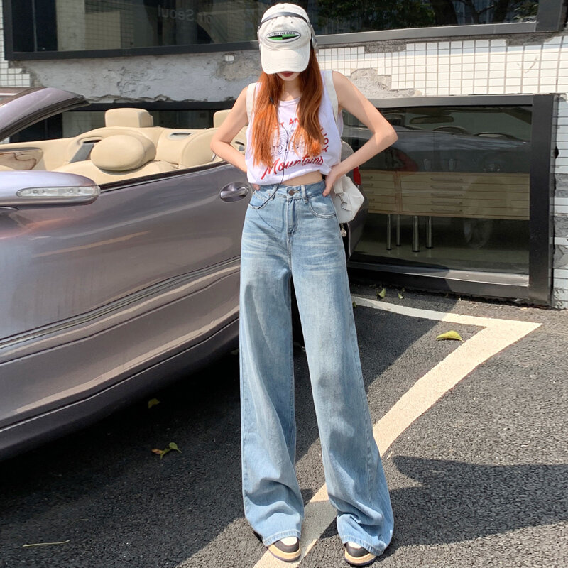 American retro high-waisted loose wide-legged trousers early spring new drape straight jeans jeans women & trousers lengthened