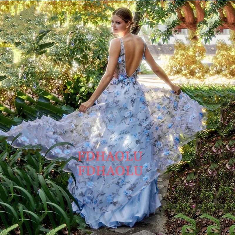 FDHAOLU Pastoral Prom Dresses 3D Flowers Blue Evening Exquisite Split Open Back Party V-Neck Gown Women Party Dress