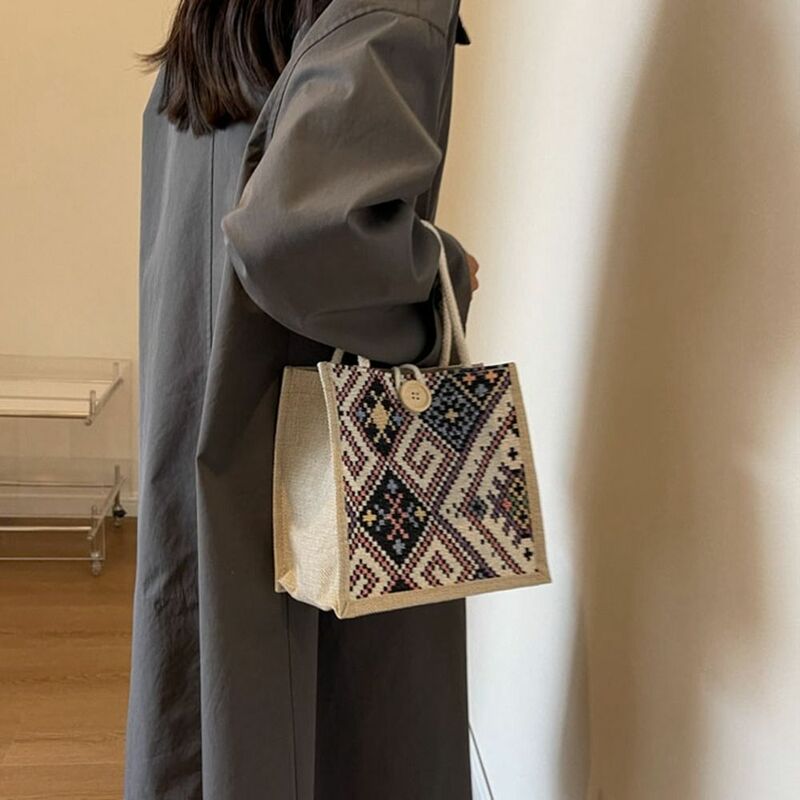 Stampa borsa di tela in stile etnico borsa portatile in lino di grande capacità borsa per mamma borsa da viaggio in tessuto con stampa ricamo