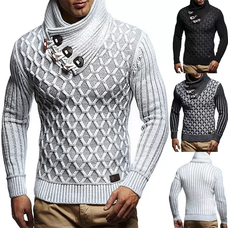 Suéter fino com gola alta masculino, nova moda, botão de couro, malha, pulôver, outono e inverno, 2023