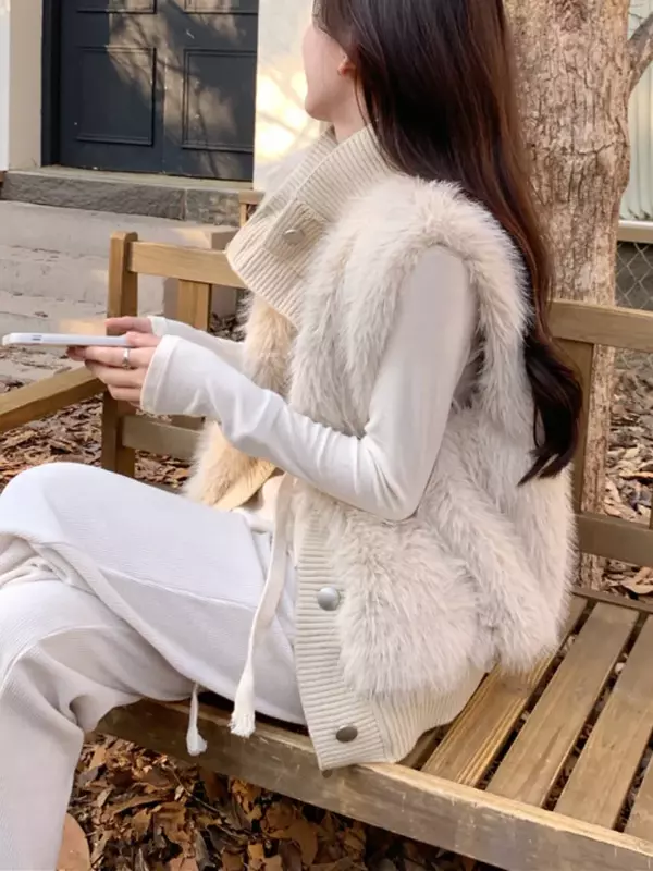 Gilet invernale cappotto donna senza maniche maglione lavorato a maglia Casual 2023 nuovo elegante monopetto spesso caldo cappotto di pelliccia sintetica giacca donna