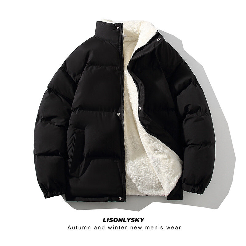 New Men's Velvet Thick Cotton Coat Korean Version Stand Collar Loose Solid Color Warm Casual Cotton Coat