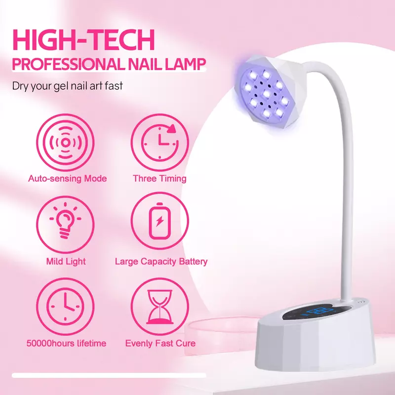 Wireless Nail Dryer LED UV Nail Lamp Fast Curing Gel Polish Manicure Lamp With 360° Freely Adjustable Tube LCD Screen Nail Tools