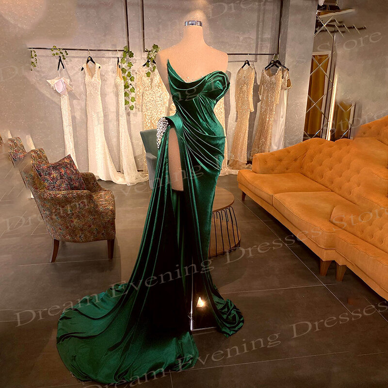 Элегантные классические зеленые женские вечерние платья-русалки, очаровательные вечерние платья без рукавов, с высоким разрезом сбоку, с кристаллами