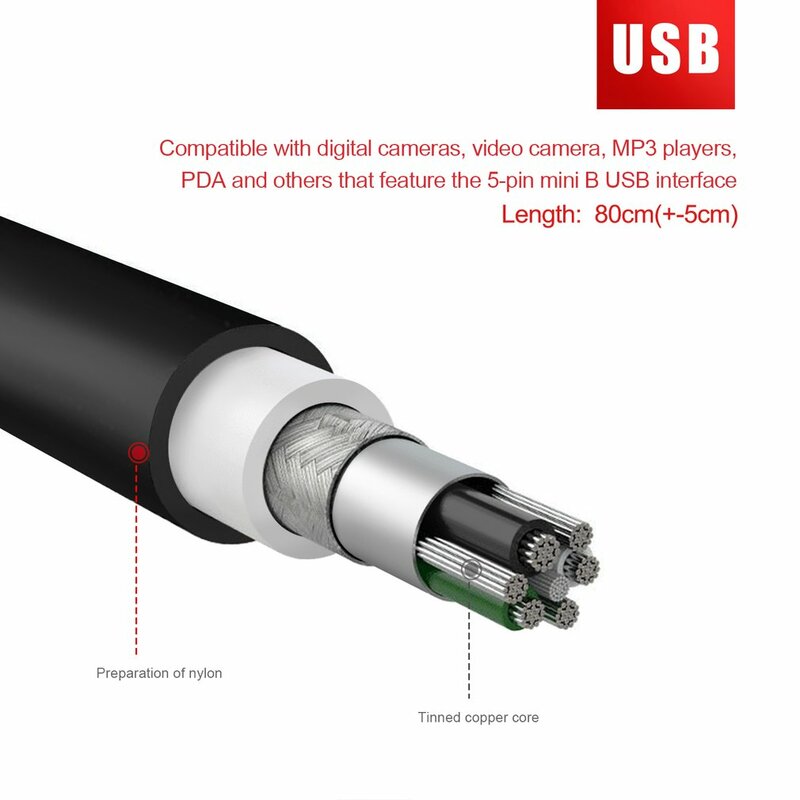 Cabo USB 2.0 macho A para mini B 5 pinos, alta velocidade, 80 cm, carregamento para câmeras digitais, cabo carregador de dados USB permutável preto quente