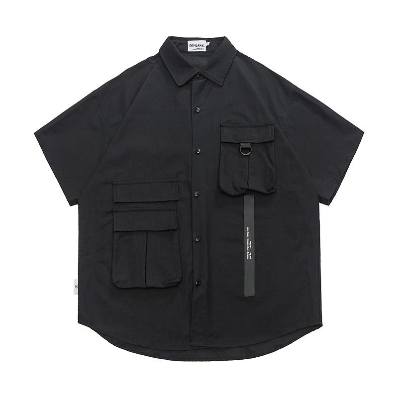 男性用のシンプルなカジュアルワークシャツ,半袖,マルチポケット,ストリートウェア,衣類,ラペルシャツ,新品
