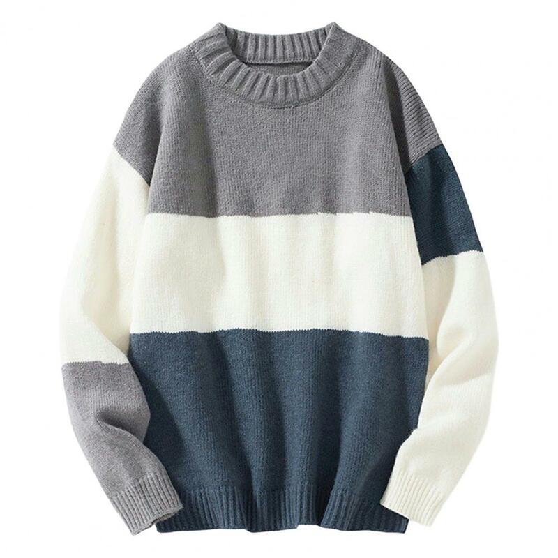 남성용 니트 컬러 블록 스웨터, 루즈 라운드 넥 스웨터, 긴 소매, 두꺼운 탄성 풀오버, 따뜻한 유니섹스 스웨터, 가을 겨울