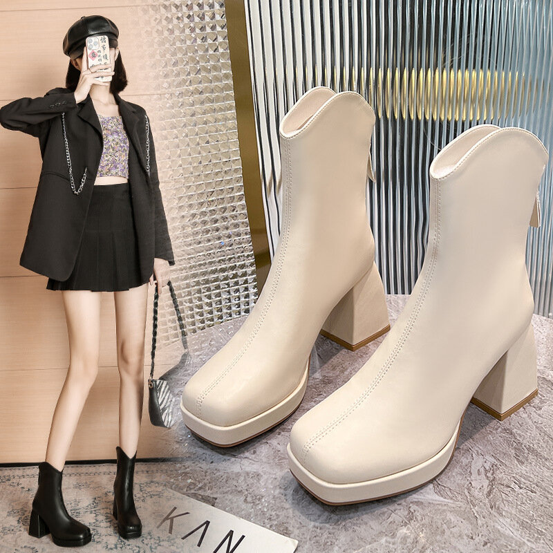High Heels Short Boots Women Fashion Shoes Autumn Winter Chunky Heels Waterproof Square Toe Plus Size Ankle Boots 2023