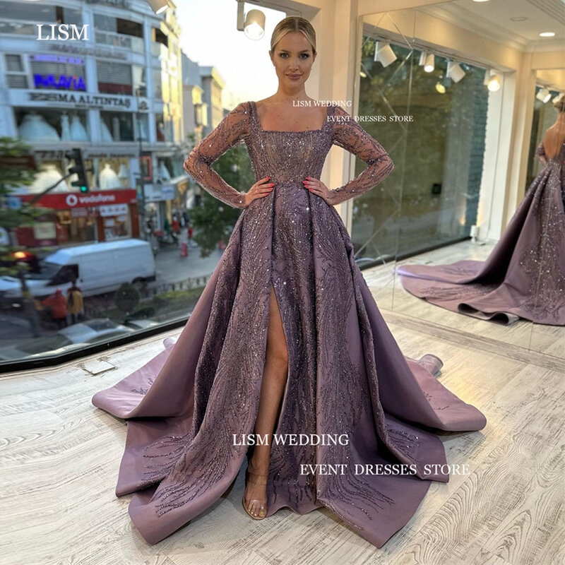 LISM Glitter Lace A Line Dubai Arabic Women Evening Dresses Long Sleeves High Side Split Square Neck Formal Prom Party Dress