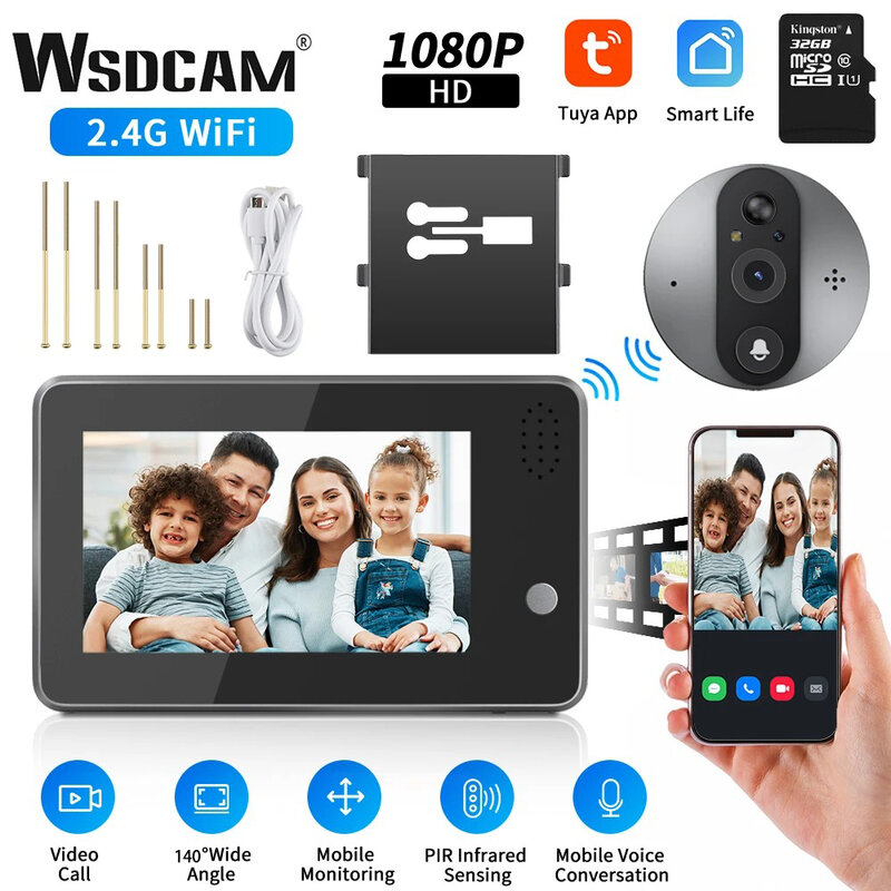 WSDCAM 4.3 inch Smart WiFi Video Doorbell Night Vision Tuya Peephole Camera Human Detection Doorbell Alexa Google Announcement