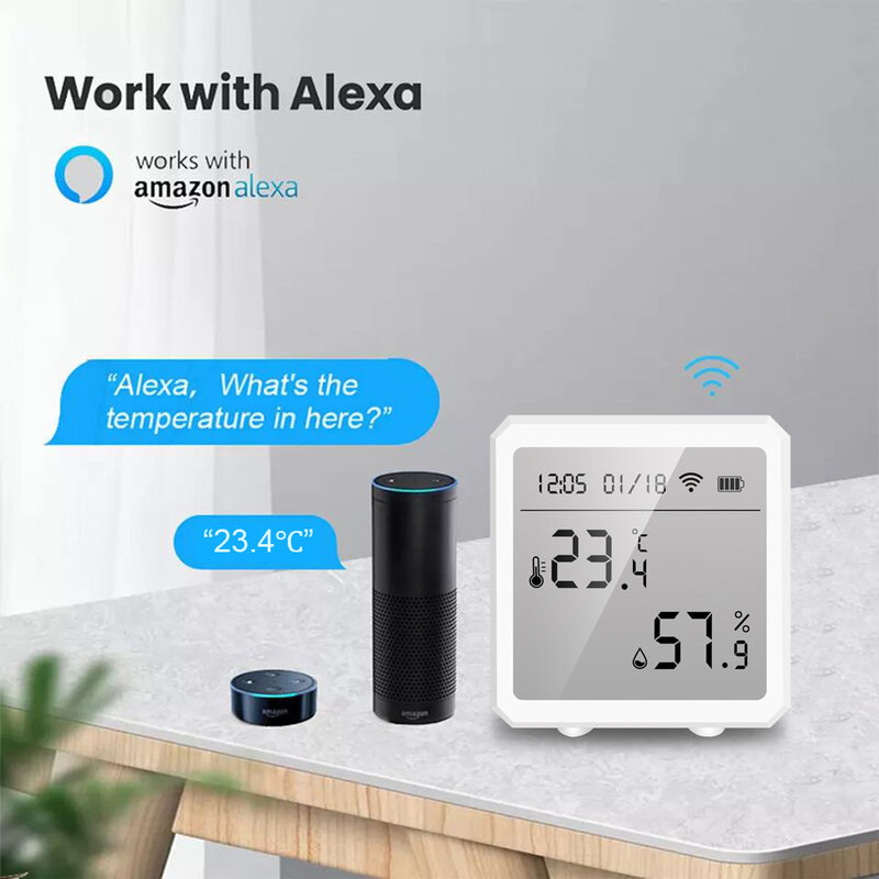 屋内および屋外の温度および湿度センサー,Yours Smartハイフン,LCDディスプレイ付き温度計,AlexaおよびGoogleAssistantと互換性があります