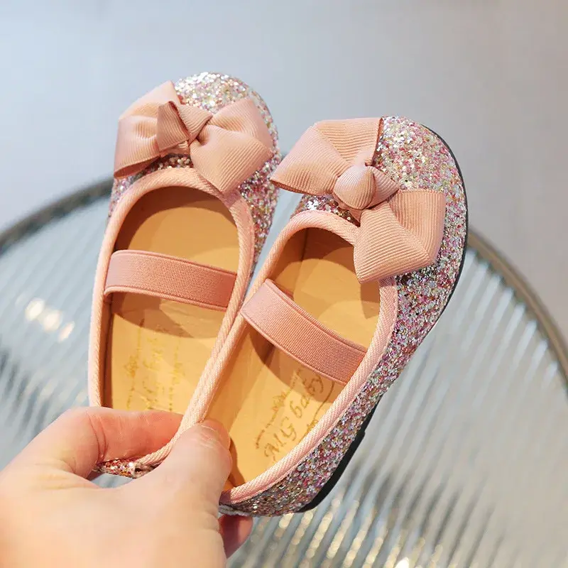 Dziewczęce skórzane buty błyszczące cekiny imprezowe mieszkania weselne z kokardą księżniczka dziecięce buty księżniczka buty dla maluchów dziecięca nowość