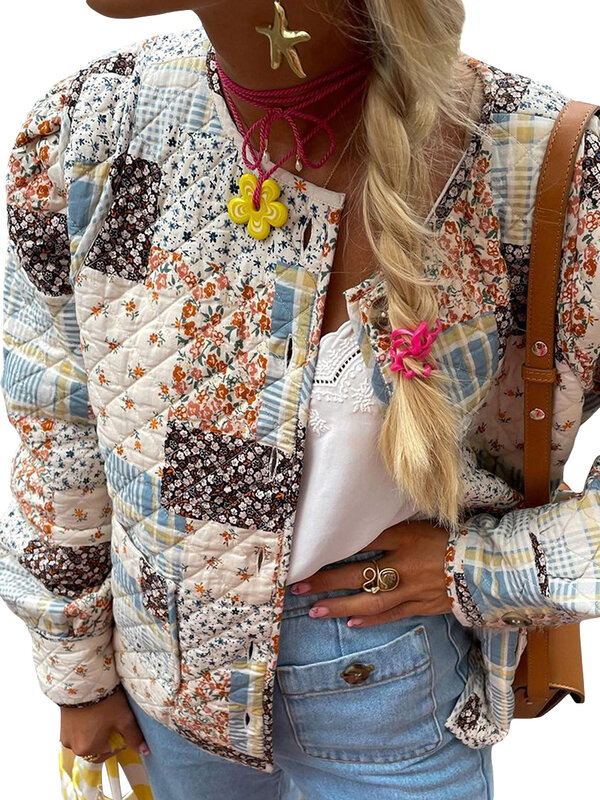 Women Fall Quilted Jacket Lightweight Floral Print Casual Long Sleeve Button Cardigan for Outwear Streetwear
