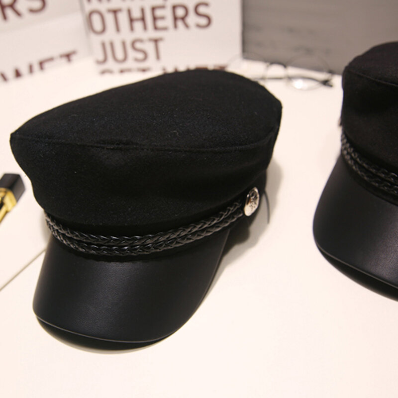 Fashion Ladies Captain Spring Autumn Flat Top Black Hat Sailor Hats Octagonal Hat Beret Caps