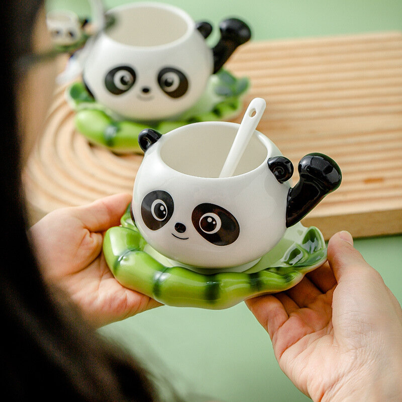 Panda Koffie Kopjes Met Schotel Lepel Creatieve Keramiek Mokken Warm Ontbijt Thee Melk Waterfles 250Ml Kerst Verjaardagscadeau
