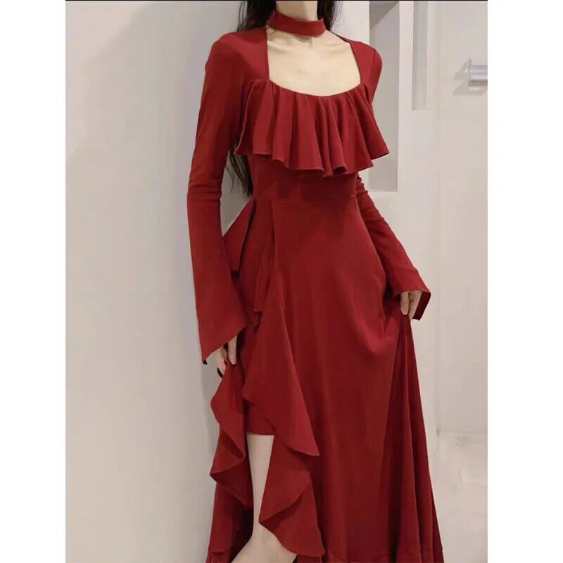 HOUZHOU-elegante vestido feminino de manga comprida, colarinho quadrado vermelho feminino, vestido sexy de festa plissado, vestido de baile irregular, Natal